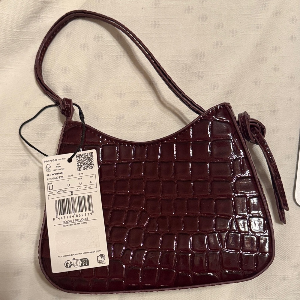 Mango Croc-Embossed Mini Shoulder Bag in Deep Burgundy